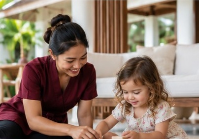 Babysitter and young child enjoying wooden toys together in a Bali villa
