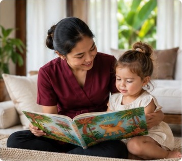 Babysitter reading a picture book with a child